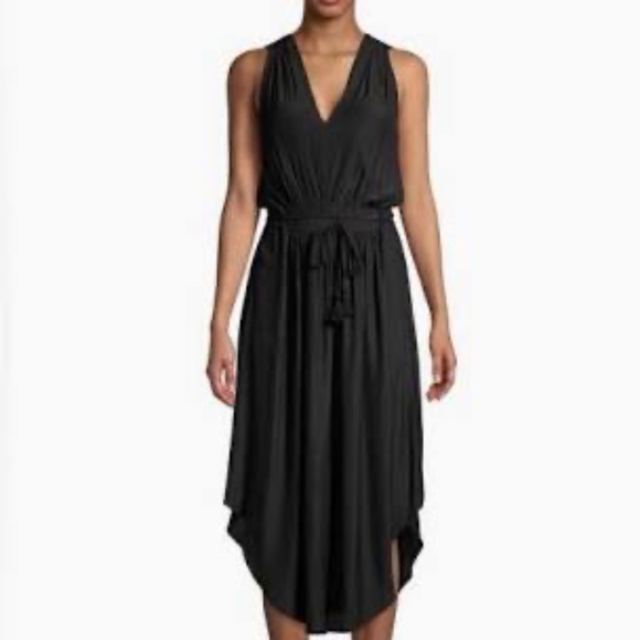 Ramy Brook Hayley Navy Cinch Tie Waist Asymmetrical Lace Hem Midi Dress Sz L - Picture 1 of 11